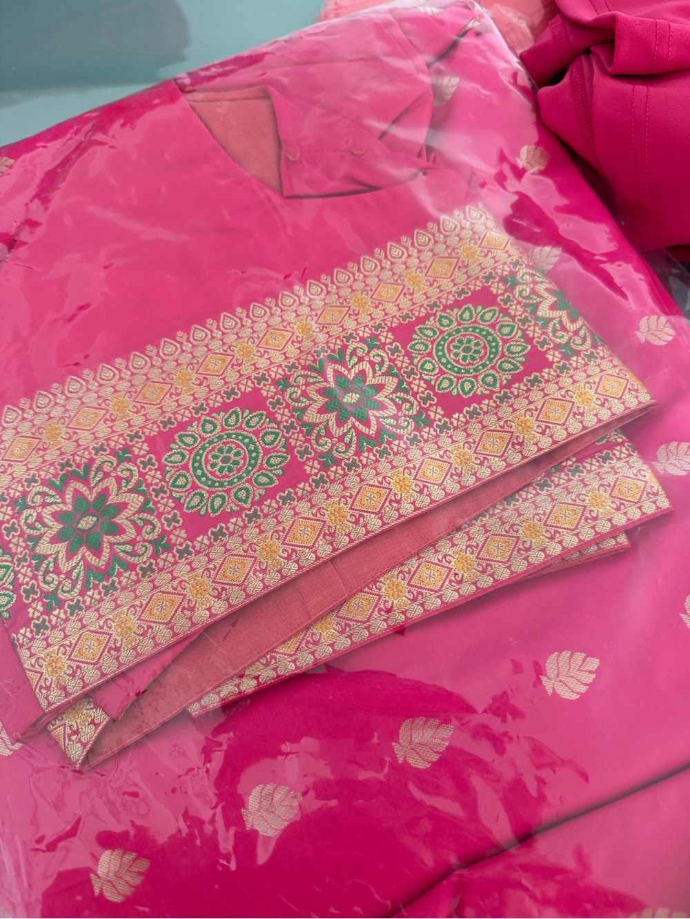 Bright Pink Traditional Saree with Gold & Green Brocade Border